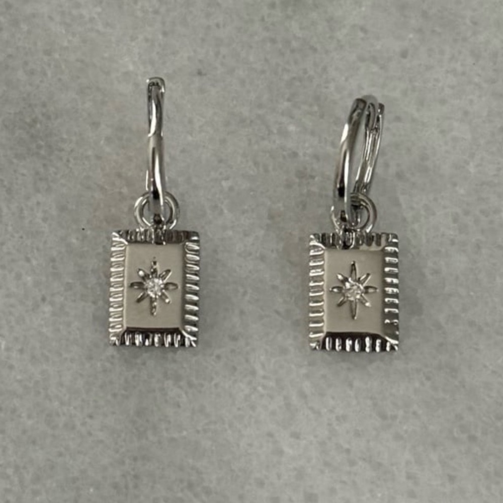 New Drop! Sterling Silver Square Star Burst Crystal Pendant Huggie Hoop Earrings